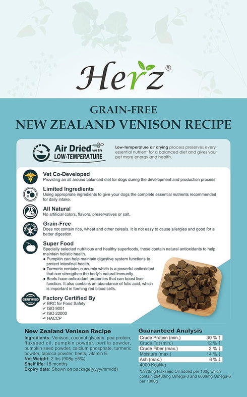 Herz Air-Dried Dog Food – New Zealand Venison Recipe, 2 lb, Grain Free, All Natural, High Protein