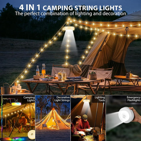 2Pack 4 1 32.8FT 6 Camping String Lights, in Quick Storage Camping Essentials Gear Rechargeable Tent Lights with Modes