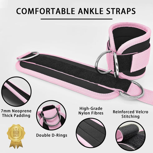 Fitness Ankle Straps for Cable Machines, 2 Pack Adjustable Padded Cuffs for Kickback Glute Workouts, D-Ring Leg Straps