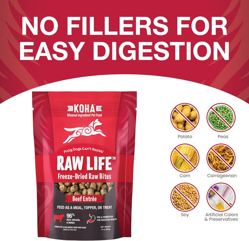 14oz KOHA Raw Life Freeze-Dried Raw Bites Beef for Dogs, High Protein Meal, Topper, and Treat for Picky Eaters, Bag