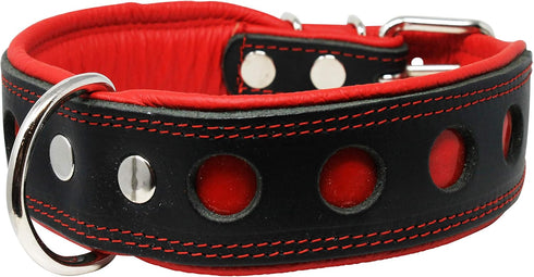 Dogs My Love Real Leather Soft Padded Dog Collar Reflective (13.75"-16.25" Neck; 1.75" Wide, Black/Red)