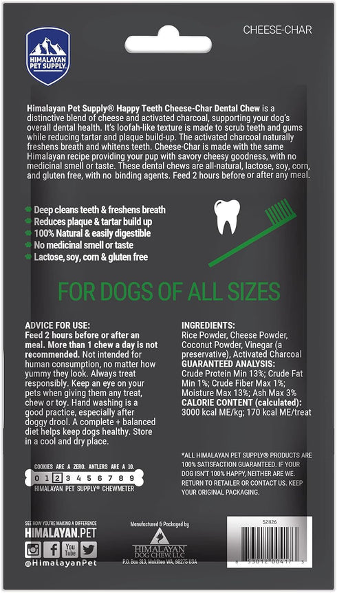 Happy Teeth Cheese & Charcoal Dental Dog Chews - Cheese Flavor with Activated Charcoal, 2 Chews per Pouch