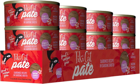 Tiki Cat Grill Pâté, Sardines, High-Protein, 100% Non-GMO Wet Cat Food for All Life Stages, 2.8 oz. Cans (Pack of 12)