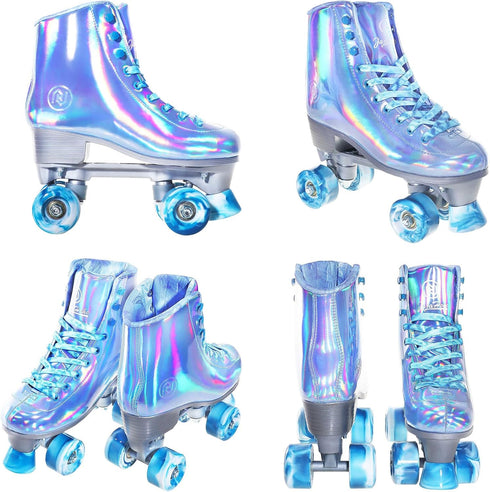 8-51 JajaHoho Roller Skates for Women, Very Peri Blue Holographic High Top Faux Leather Rollerskates, Shiny Double-Row