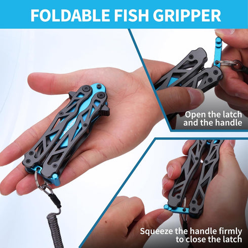 FLISSA Folding Fish Gripper with Lanyard, Lightweight Aluminum Fish Grabber, Portable Fish Lip Gripper Holder