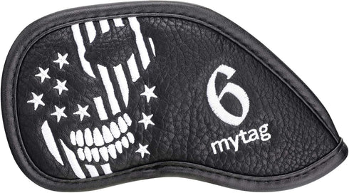 mytag Golf Skull Skeleton Head Cover - Black Leather Headcovers Set for Driver, Fairway Wood, Hybrid, Putter