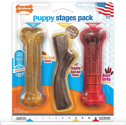 Nylabone Puppy Stages Chew Toy Pack - Puppy Chew Toys for Teething, Chicken, Maple Bacon, Beef Jerky Flavors (3 Count)