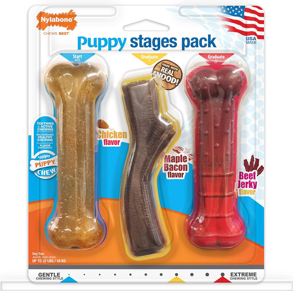 Nylabone Puppy Stages Chew Toy Pack - Puppy Chew Toys for Teething, Chicken, Maple Bacon, Beef Jerky Flavors (3 Count)