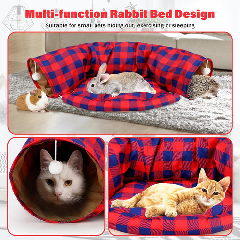 2-in-1 BWOGUE Bunny Tunnel Bed, Collapsible Tunnel Tubes Toys with Removable Mat Hideout for Cats Kittens Rabbits