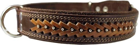 Genuine Leather Braided Studded Dog Collar, Brown, 1.6" Wide, Fits 19"-24" Neck