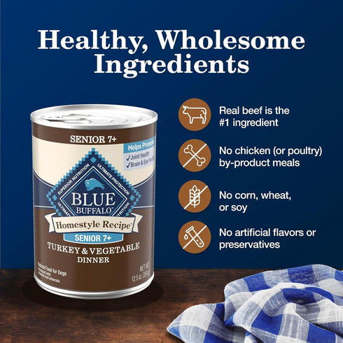 7+ 7+ 12.5 oz. (Pack 12) Blue Buffalo Homestyle Recipe Senior Turkey and Vegetable Dinner Wet Dog Food for Senior Dogs