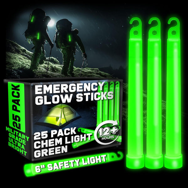 PartySticks Green Glow Sticks Emergency Chem Lights (6", 25 Pack) Military Grade Tactical Light Sticks for Survival
