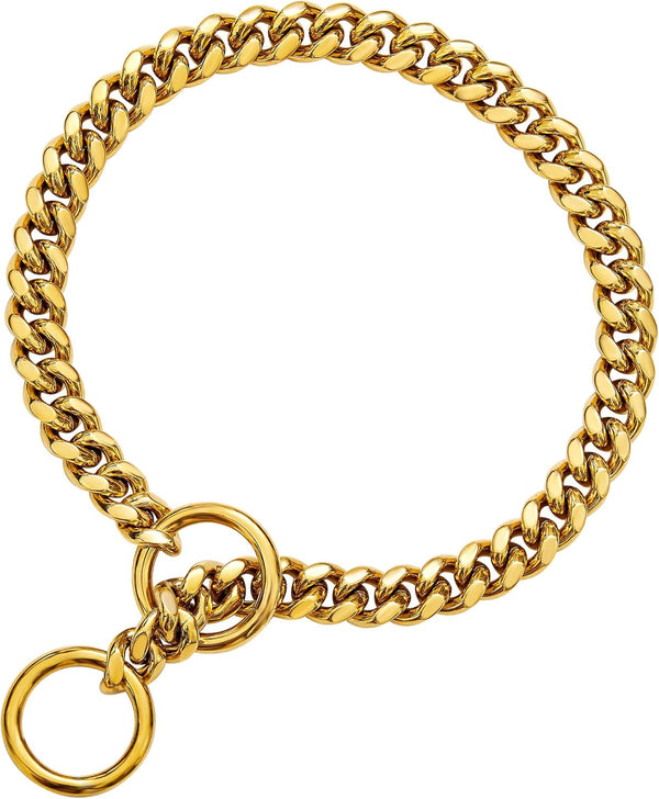 txprodogchains 18K Gold Chain Dog Collar, 10MM Cuban Link Stainless Steel Metal Links for Small Medium Large Dogs