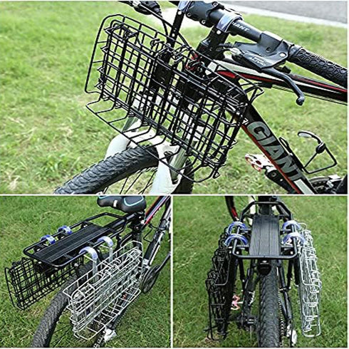Rust Proof Folding Bike Front Basket, Detachable Rear Bike Basket with Handles, Easy Installation for Mountain Bike