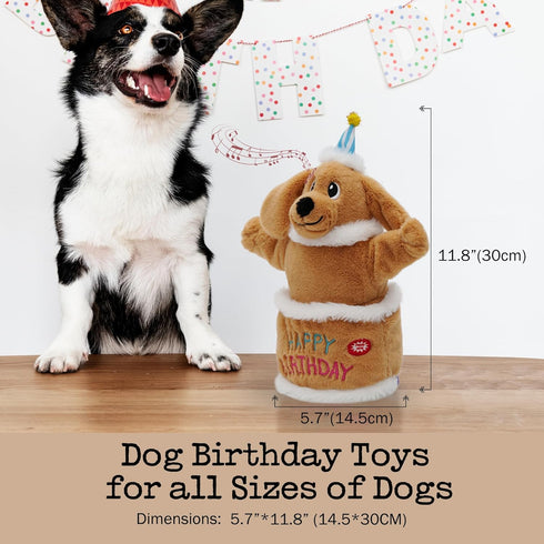 Fuzzwoof Singing Dancing Dog Toy, Interactive Birthday Cake Plush Toy for Small Medium Large Dogs, Plays Birthday Song