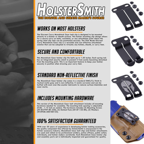 HolsterSmith Monoblock Gear Belt Clips - Customized Fit Inside-The-Waistband/IWB Concealed Carry Holster Attachments