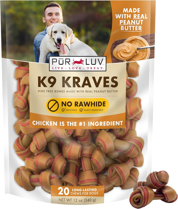 Dog Treats K9 Kraves Rawhide Free Bone Dog Treat, Peanut Butter Flavor, 20 Count, Healthy, High Protein