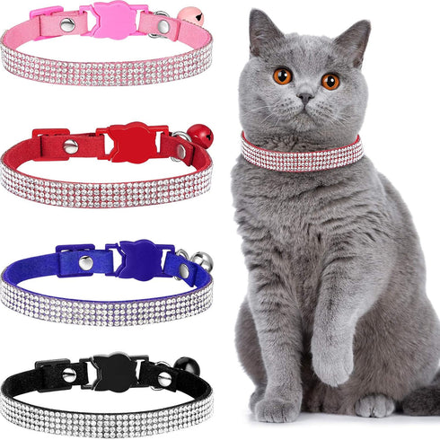 Weewooday 4 Pieces Rhinestones Cat Collars with Bell, Breakaway Pet Accessories in Soft Velvet, 4 Colors (S, Pink, Red,