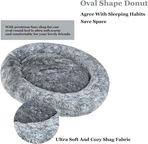 Coohom Oval Calming Donut Cuddler Dog Bed, Washable Faux Fur Cat Bed, Round Pillow Pet Bed (30"/36"/43"), Grey