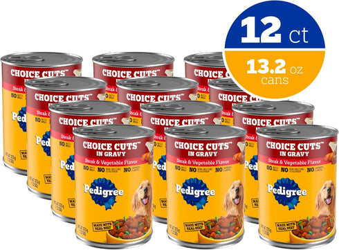 13.2 oz. 12 Count Pedigree Wet Dog Food, Choice Cuts Adult Canned Dog Food, Steak & Vegetable Flavor, Cans