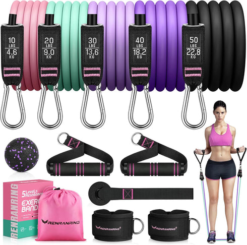 RENRANRING Resistance Bands - 150LBS Workout Bands Set with Handles, Ankle Straps for Muscle Training for Men Women