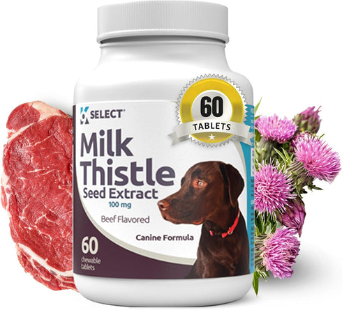 K9 Select Milk Thistle for Dogs, 100mg - 60 Beef Flavored Tablets for Canine Liver Health Supplement