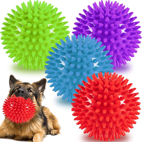 4.5” Heavy Duty Squeaky Dog Balls - 4 Pack Indestructible Toys for Medium Large Dogs, Spike Balls for Clean Teeth