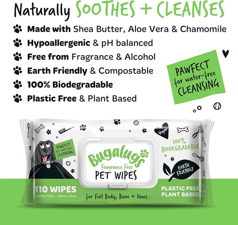 110 Biodegradable Dog Wipes, 100% Plastic Free for Full Body, Eye, Ear, Bum & Paws Grooming, Fragrance Free