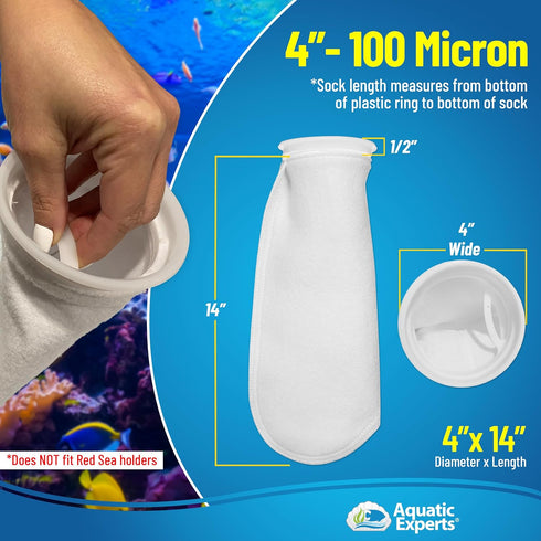 Aquatic Experts 4 inch Ring Filter Sock 100 Micron, 2 Pack for Saltwater and Freshwater Aquarium