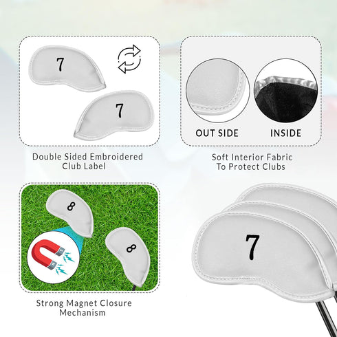 Premium Magnetic Leather Iron and Wedge Golf Club Head Covers | Set of 10 | Fits Most Clubs