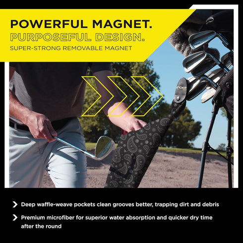 STICKIT Magnetic Golf Towel, Black Paisley Microfiber with Deep Waffle Pockets, Strong Magnet