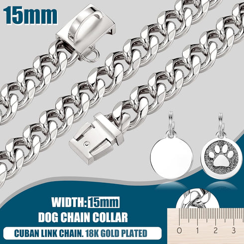 Chain Dog Collar - 15mm Silver Cuban Link with Snap Buckle, Silver Plated Stainless Steel, Includes Dog Tag & Bell (24")