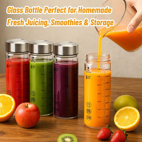 12 oz 6 Pack Luxfuel Glass Juice Bottles with Lids, Wide Mouth Borosilicate Glass Bottles with Stainless Steel Lids