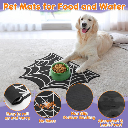 Pet Mats for Food and Water - Anti-Slip Waterproof Feeding Mat for Pet Food Water Bowl, 23.6"x15.7" Spider Web Design