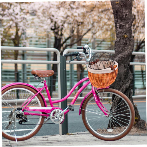 Sturdy Wicker Bike Basket Front Attached Resistant Hand-Woven Rattan Capacity Shopping and Pet Carrier Basket for Dogs