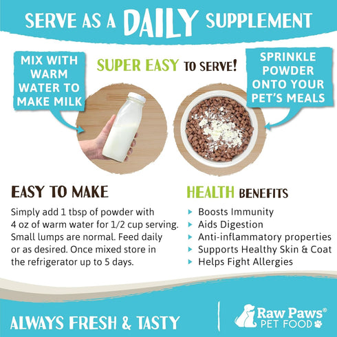 7-oz Raw Paws Whole Goat Milk Powder for Dogs and Cats, - Made in USA - Powdered Goat Milk Dog Food Topper - Pet