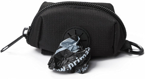 Dog Poop Bag Holder with Leash Attachment, Black - Includes 1 Roll of Poop Bags, Lightweight Fabric Dispenser
