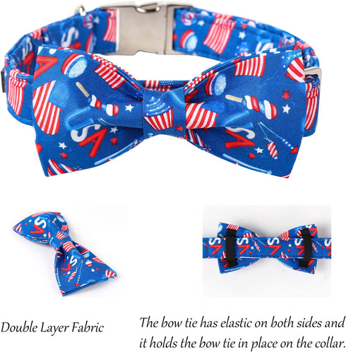 Lionet Paws Patriotic Dog Collar with Bowtie - Soft Comfortable Adjustable American Flag Collar for Dogs (Medium, Neck