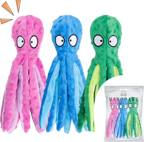 3 Pack Dog Toys for Small Medium Large Dogs - No Stuffing Crinkle Plush Chew Toys for Aggressive Chewers (Octopus)