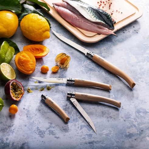 Opinel Effile Slimline Folding Fillet Knife, Slim Blade with Virobloc Locking Collar, Beechwood Handle (No.08)
