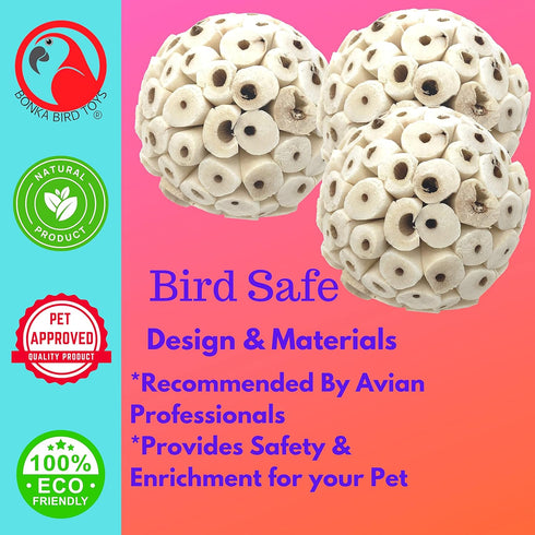 1214 Pk3 3-Pack, 2" Bonka Bird Toys All-Natural Sola Atta Balls, Diameter, Soft and Lightweight Chew and Foot Toys