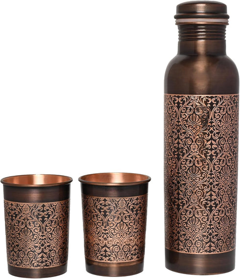 Pure Copper Water Bottle with 2 Tumblers Set, Beautiful Floral Pattern for Ayurveda Health Benefits