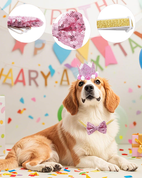 PET SHOW Pink Floral Hat, Bandana & Collar Bows Set - Adjustable Birthday Gift for Dog, Cat, Rabbit
