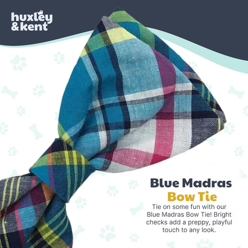Huxley & Kent Pet Bow Tie for Dogs & Cats, Adjustable Collar Accessory, Blue Madras, Small