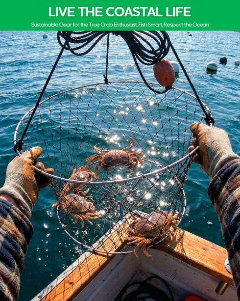DHOEM 2Pack 24" 20" Double Ring Crab Trap with Bait Clip & Crab Gauge, Top, Bottom, Crabs Snare Fishing Net with Tarred