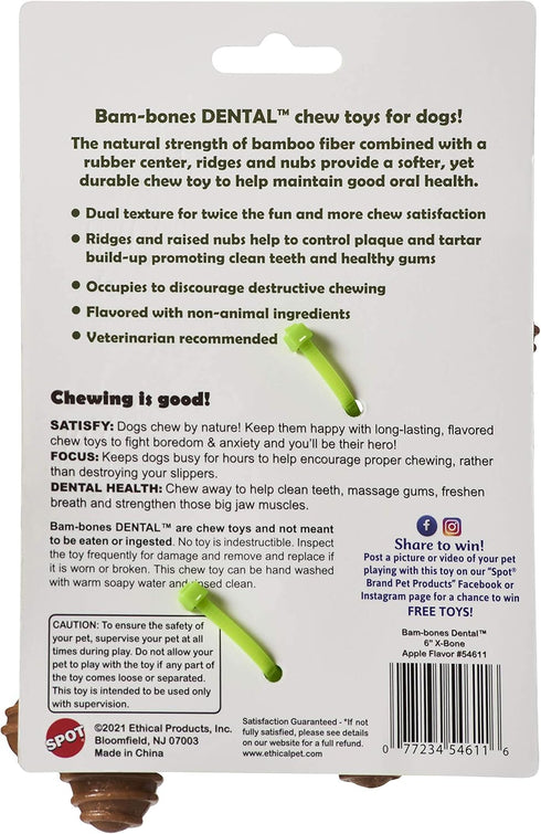 SPOT Bam-Bones Dental X-Bone for Dogs, Made with Bamboo Fiber, Durable Chew Toy for Light Chewers & Teething Puppies