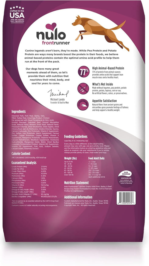 Nulo Frontrunner All Breed Adult Dry Dog Food, Premium All Natural Dog Kibble, Made with Ancient Grains Promote Fullness with Healthy Digestive Aid BC30 Probiotic & Antioxidants for Immune Health