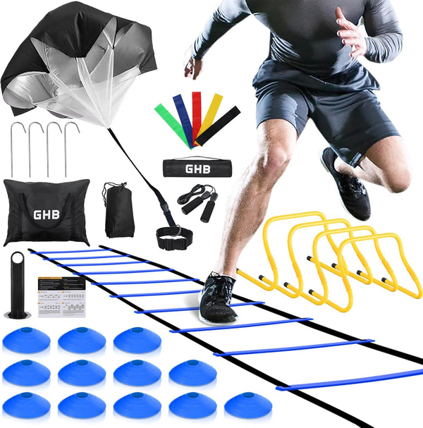 GHB Football Training Equipment Set - 4 Agility Hurdles, 20ft Speed Ladder, 12 Disc Cones, Jump Rope & Resistance Bands
