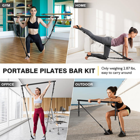 Pilates Bar Kit with Resistance Bands, Adjustable 3-Section Equipment for Home Workouts, Legs, Arms