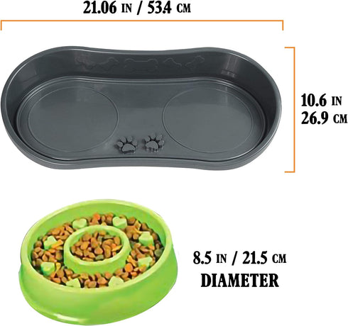 Non-Skid Pet Bowl Tray with 2 Slow Down Bowls Set - For Small to Medium Dogs